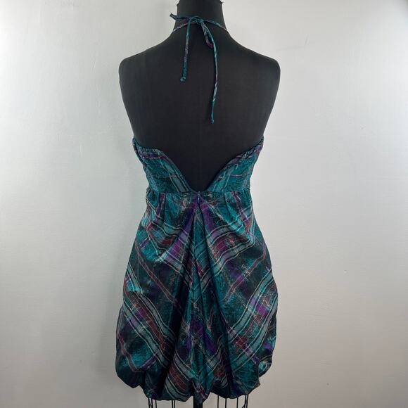 Camille La Vie Halter Plaid Bubble Dress Teal Purple Mini Jacquard Size XS - Picture 7 of 9